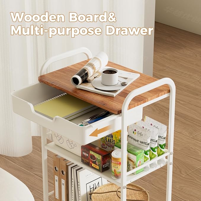 3 Tier Rolling Cart with Drawer, Metal Rolling Storage Cart with Table Top, Modern Utility Cart on Wheels Kitchen Cart Storage Organizer for Bathroom Office Living Room, White