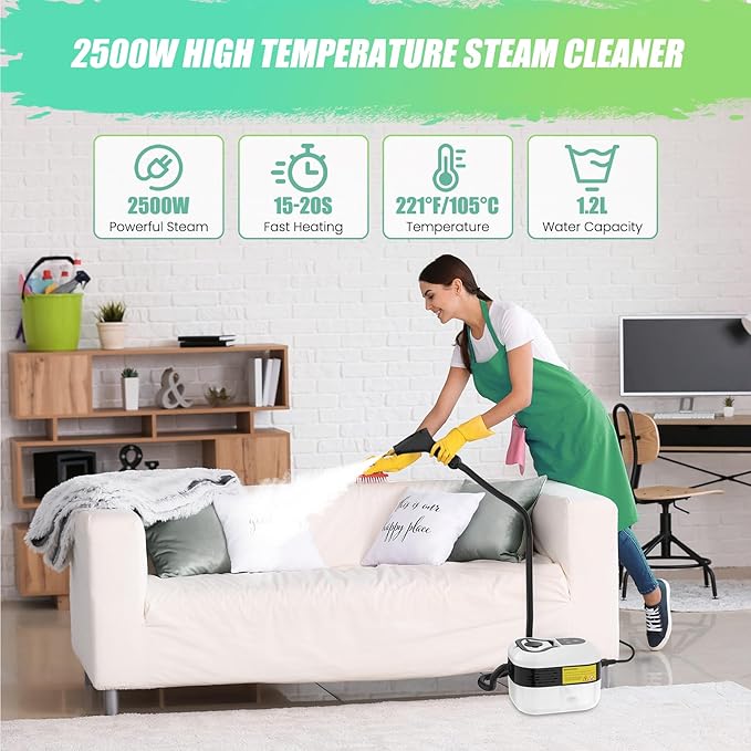 2500W Steam Cleaner for Home Use, 6-level Speed Adjustable Handle, 1.2L Handheld Car Steam Cleaner for Home Car Kitchen Furniture Floor, High Pressure Steam Machine with 4 Brush Heads White