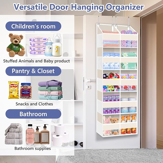 Heavy Duty Over The Door Organizer 5 Tiers, Extra Large Behind Door Storage of 10 Big Front & 10 Mesh Pockets, 80lb Weight Capacity, Doors Organizer Hanging for Closet Bathroom Bedroom Nursery, Beige