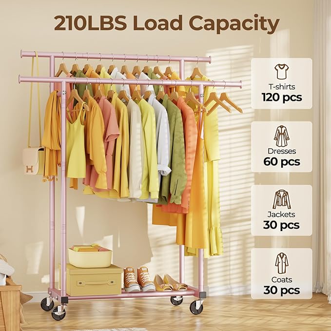 HYSEYY Double Rods Clothes Rack, Sturdy Rolling Clothing Rack, Portable Clothing Racks for Hanging Clothes - Metal Garment Rack Wardrobe Coat Rack for Bedroom Laundry Living Room, Pink