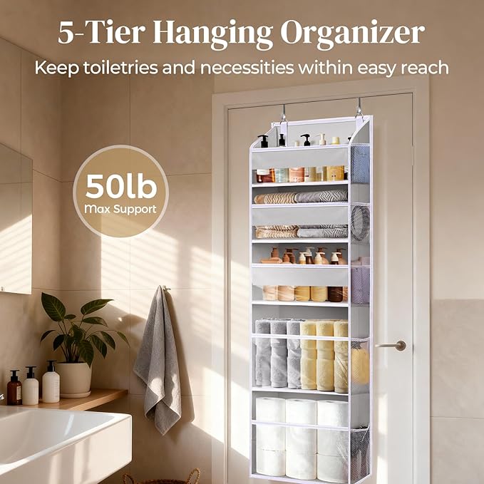 5 Tiers Over Door Organizer with 10 Mesh Side Pockets, 50 lbs Weight Capacity Hanging Storage Organizer with Clear Window Kids Toys, Shoes, Diapers, Light Gray