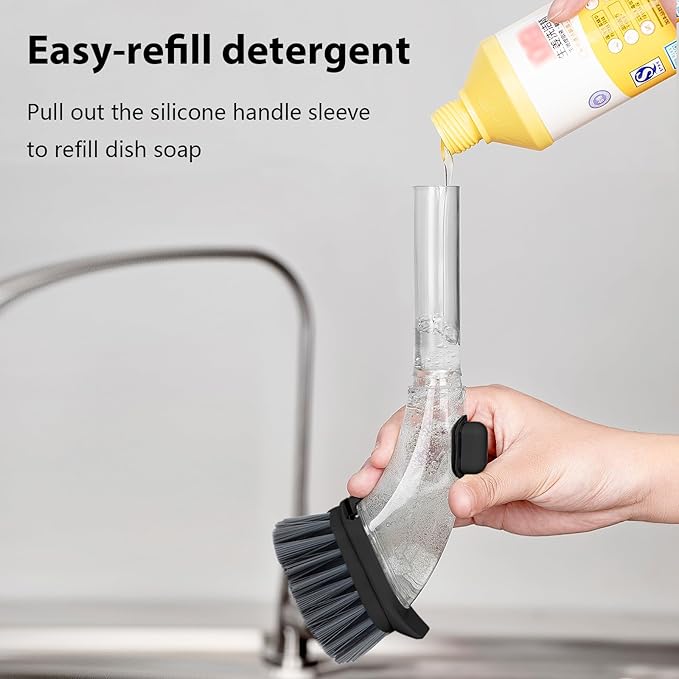 Soap Dispensing Dish Brush with Handle, Kitchen Scrub Brush for Dishes Pots Pans Sink Cleaning (Black)