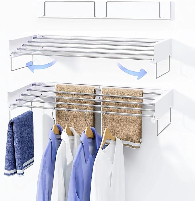Wall Mounted Laundry Rack, Collapsible Clothes & Towel Drying Rack for Indoor & Outdoor, 60 lb Capacity, 31.5' Wide, 13.5 Linear Ft, White