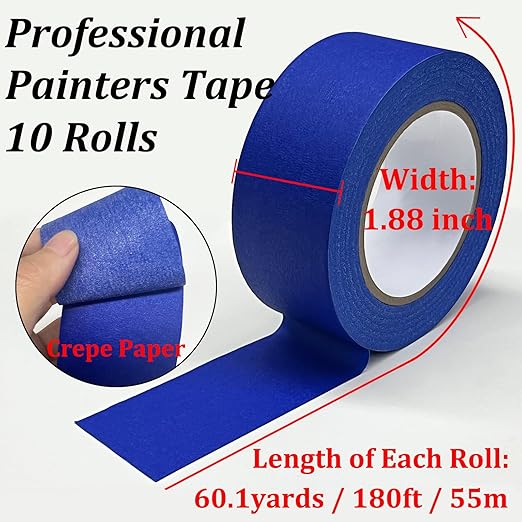 Premium Painter's Tape, 10 Rolls Blue Tapes Painters Tape, 1.88in x 60.1yds, General Purpose Masking Tape, Multi-Surface Painting Tape for Painter, DIY Crafts Arts, Indoor & Outdoor Use, Easy Removal