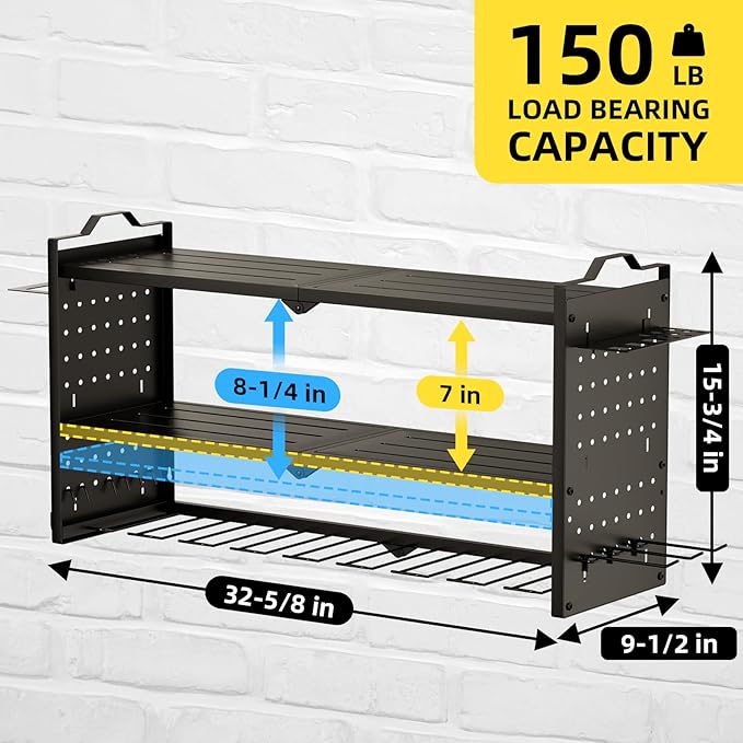 Power Tool Organizer Wall Mount with 9 Drill Holder, Cordless Tool Organizer and Storage Rack, Garage Heavy Duty Metal Shelf Organization for Battery, Tool Box, Hammer, Screwdriver（Black）