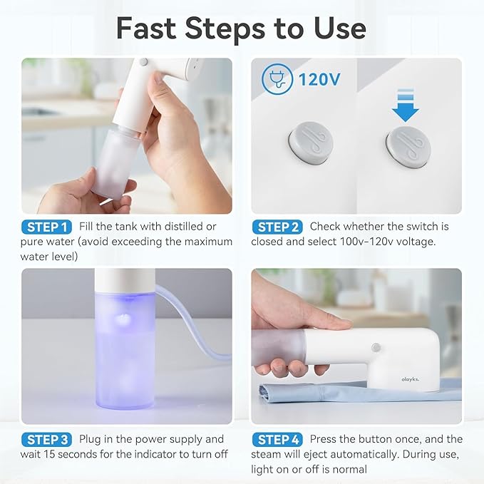 Travel Steamer for Clothes, Fashion Portable Handheld Garment Steamer, 15S Heat Up, Olayks Travel Size Steamer ＆ Iron 2 In 1, 1.1lbs, Fabric Wrinkle Remover for All Clothes, White