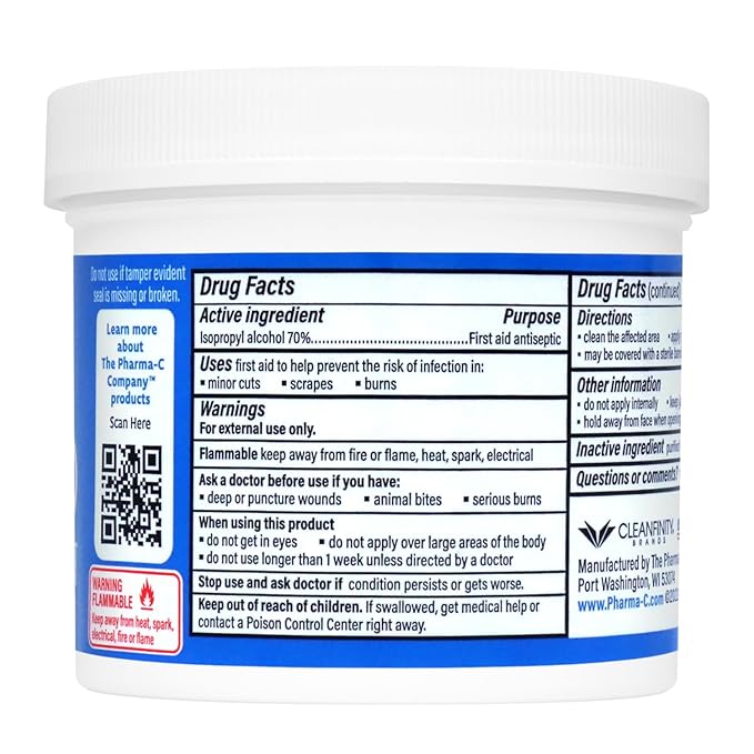 The Pharma-C Company 70% Isopropyl Alcohol Pads [100 count]. First Aid - Antiseptic Wipes - Extra Large - Alcohol for minor cuts, scrapes and burns.