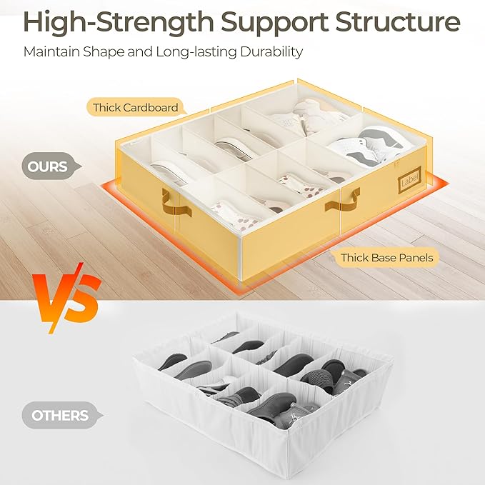 StorageWorks Under Bed Shoe Storage for Closet, 2-Pack Ultra-thick Fabric Shoe Organizer, Collapsible Shoes Containers with Bottom Support, Fits up to 24 Pairs, Beige