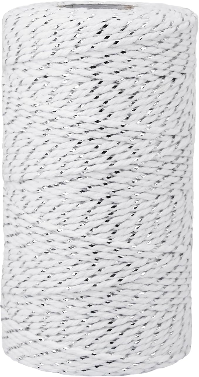Leecogo Cotton Twine Silver and White Baker String 2mm Thick 328 Feet Christmas Twine for Gift Wrapping DIY Crafts Home Party Decoration