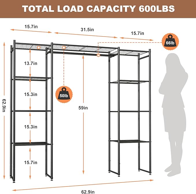 Neprock Portable Closet Wardrobe, Metal Clothing Rack with 8 Shelves & 1 Hang Rod, Free Standing Closet Rack for Hanging Clothes Closet Organizers and Storage, 63"*63"*12", Black