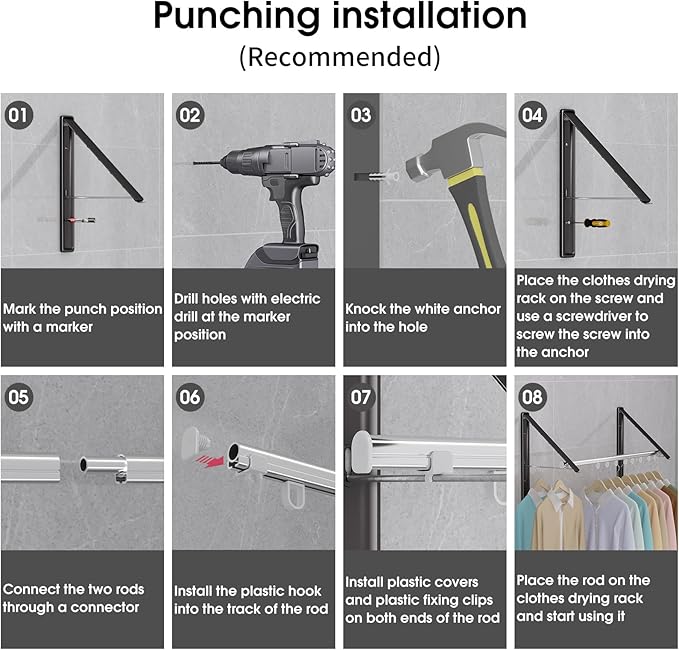 Clothes Drying Rack Retractable, Wall Mounted Clothes Hanger Rack for Laundry Room, Laundry Drying Rack with Clothes Rod Space Saving Closet Organizer Aluminium (Black, 2P)