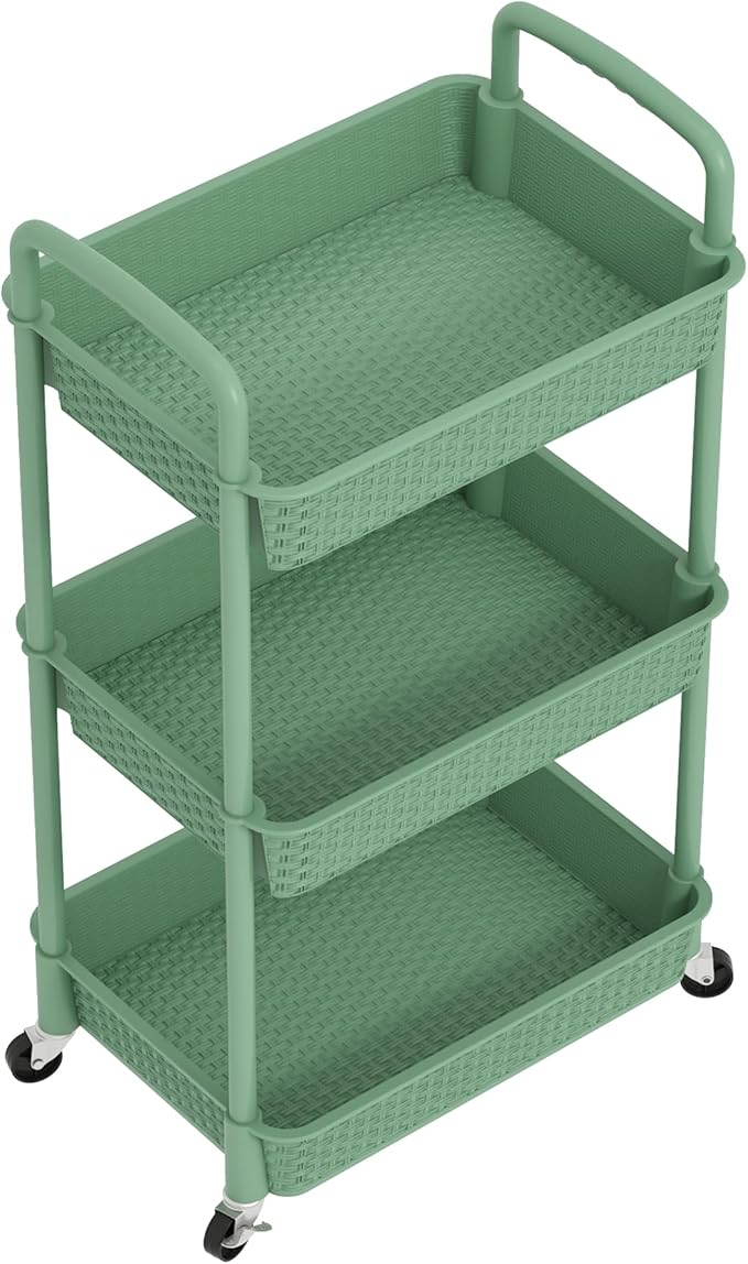 MOYIPIN 3-Tier Plastic Rolling Utility Cart with Handle,Utility Storage Cart for Office, Living Room, Kitchen,Movable Storage Organizer Shelves,Green