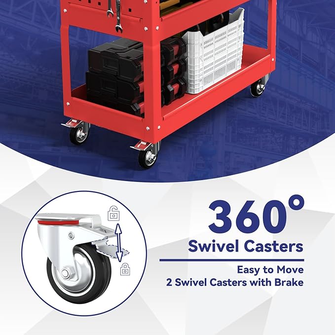 3 Tier Rolling Tool Cart with Drawer, 450 LBS Heavy Duty Utility Cart on Wheels, Service Cart for Garage, Workshop and Warehouse (Red)