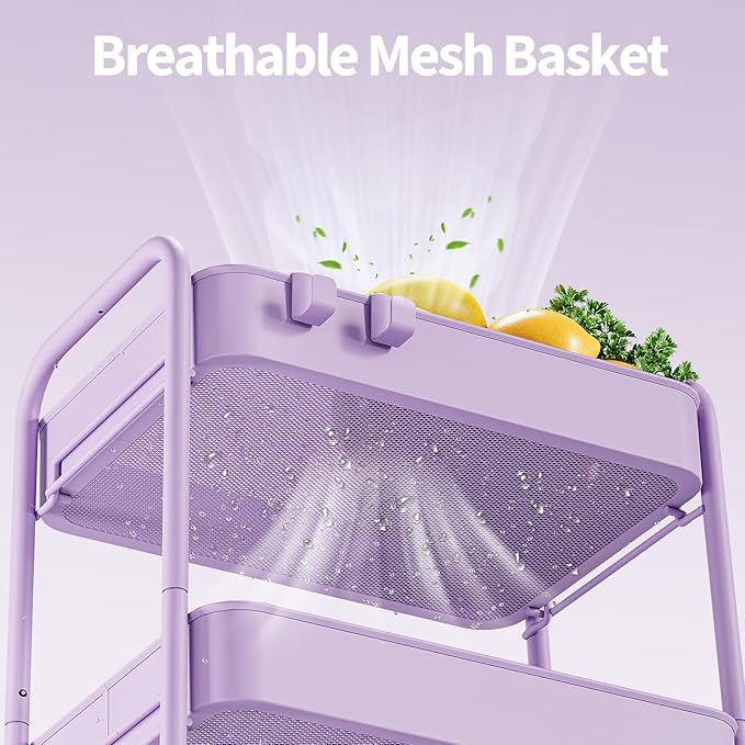 TOOLF 4-Tier Metal Rolling Cart with Wheels, Storage Utility Organizer Cart for Kitchen, Bathroom, Office, Baby Essentials & Makeup - Lockable Casters, Easy Assembly, Large Capacity, Purple