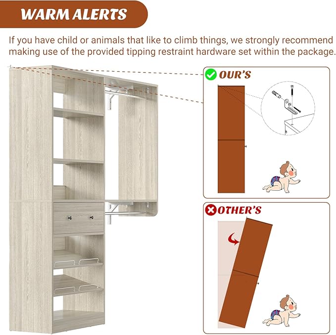 Closet System with Drawer - Reversible 5FT Wood Closet Organizer System with 2 Hanging Rods and Adjustable Shelf, Walk In Closet Organizers with Shoe Rack, Built-In Garment Rack, White Oak