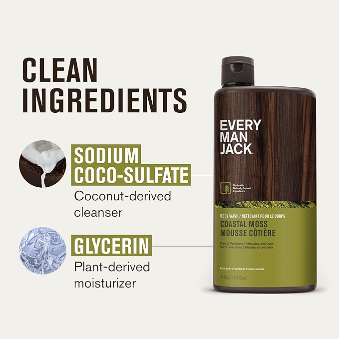 Every Man Jack Nourishing Coastal Moss Mens Body Wash for All Skin Types - Naturally Derived Ingredients - Cleanse and Hydrate Skin with Coconut and Glycerin - 24oz 2 Bottles