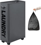 DOKEHOM 29-Inches Enlarged Slim Laundry Basket with Removable Wash Bag on Wheels, Collapsible Rolling Laundry Hamper, Foldable Narrow Corner Clothes Storage Bins (Dark Grey)