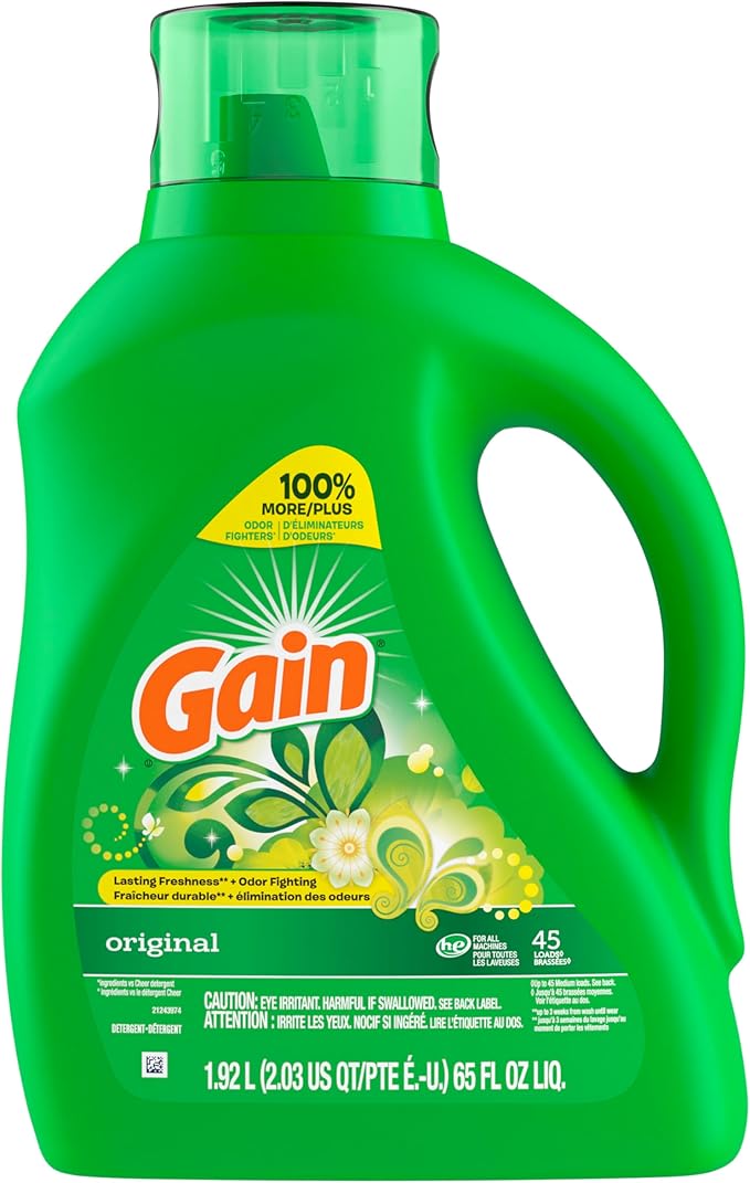 Gain Liquid Laundry Detergent, Original Scent, 65 fl oz x 2, 45 x 2 loads, Freshness + Odor Fighting, High efficiency washing machine iquid cleaning soap