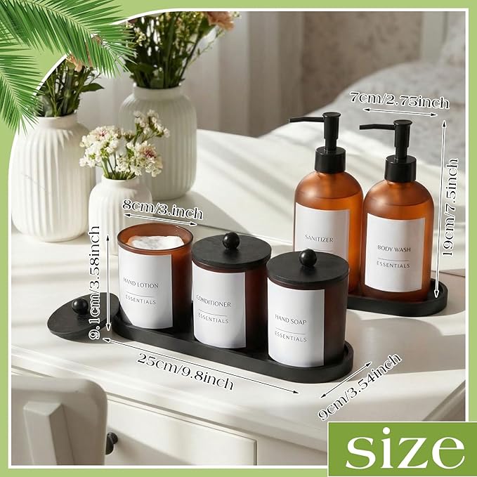 Yaomiao 5 Pack Bathroom Accessories Set, Modern Bathroom Decor Sets, Glass Liquid Soap Dispenser, Vanity Tray, Toothbrush Holder, Cotton Swab Jars with Lids for Sink Countertop(Amber,Frosted)