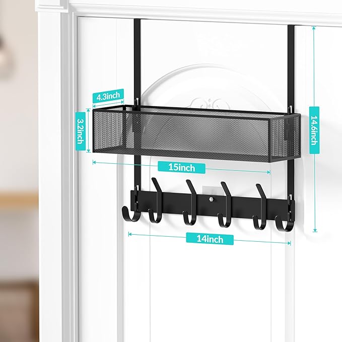 LUCYCAZ Over The Door Hooks - Over Door Organizer, Door Hanger Towel Rack with Mesh Basket & Wreath Hanger, Behind Door Storage Coat Hooks for Bathroom, Bedroom, Kitchen (Black)