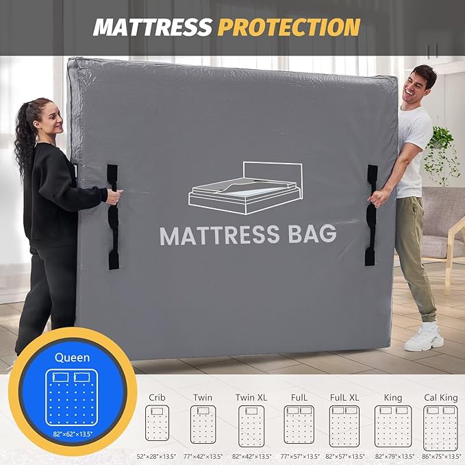 Mattress Bags for Moving and Storage, BETU Twin Mattress Protector Waterproof Mattress Cover with 8 Heavy Duty Handles and Zipper Extra Thick Moving Supplies for Dorm Bed (2 Pack:77x42x13.5 Grey)