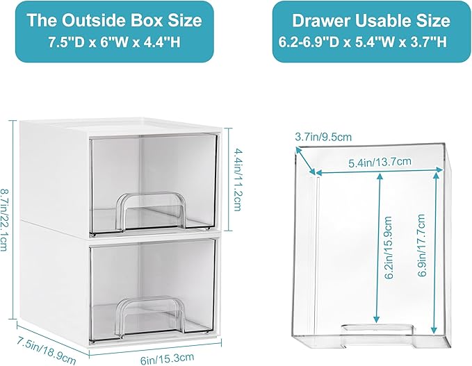 Vtopmart 4Pack Stackable Storage Drawer, 4.4'' Tall Bathroom Makeup Organizer,Plastic Storage Bins For Vanity, Undersink, Kitchen Cabinets, Pantry, Home Organization(White)