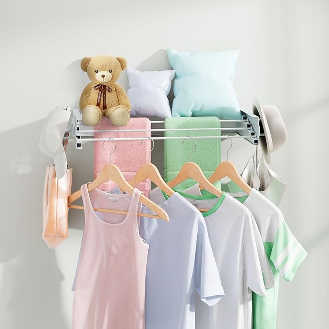 Wall Mounted Drying Rack 23.6", Foldable Laundry Clothes Drying Rack with 4 Towel Hooks and 4 Rods for Hanging Clothes Delicates, Space Saving for Indoor Outdoor Bathroom Balcony Laundry Room (23.6'')
