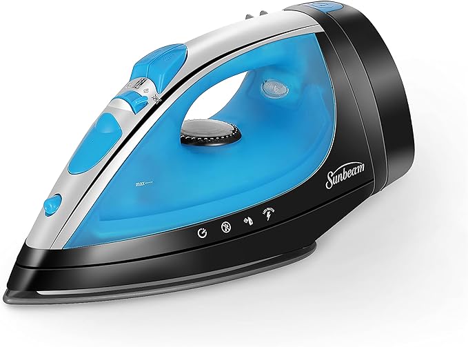 Sunbeam Steammaster Steam Iron, 1400 Watt, Large Anti-Drip Stainless Steel Nonstick Soleplate with 8' Retractable Cord, Horizontal or Vertical Shot of Steam and 3-Way Auto Shut-Off, Black/Blue