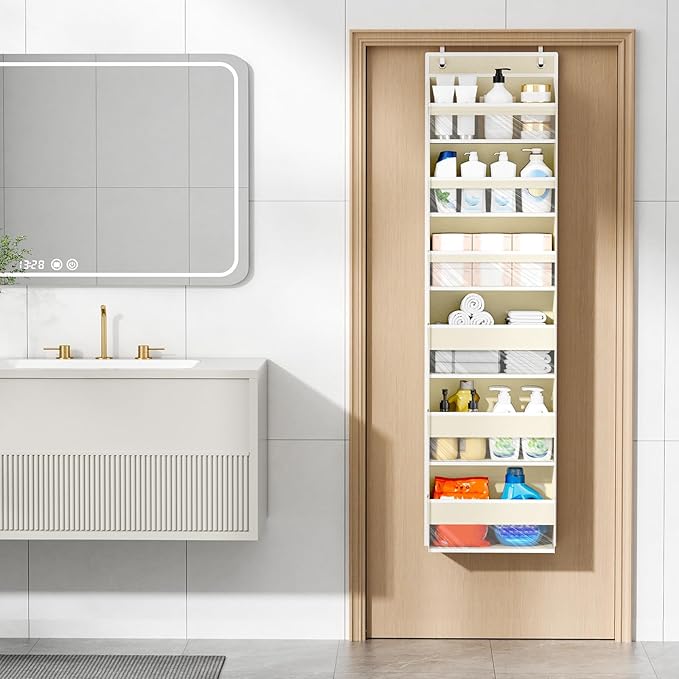Over The Door Organizer, 6 Shelf Door Hanging Organizers with 6 Large Capacity Pockets, Behind Door Storage Hanging Shelves for Closet Wall Bathroom Bedroom Nursery