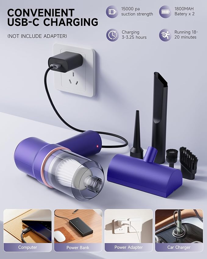 Mini Vacuum Cleaner Cordless with LED Light | 15000 Pa Hand Vacuum Cordless Rechargeable - Portable 3-in-1 Powerful Car Vacuums with Multi-Nozzles for Car, Home, Pet Hair, Blue