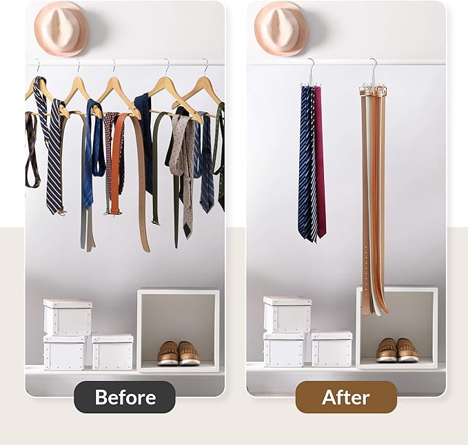 ZEDODIER Tie Hanger for Closet, 2 Pack Rotatable Tie Organizer for Men with 8 Hooks, Heavy Duty Space Saving Tie Rack for Ties and Belts, Silver