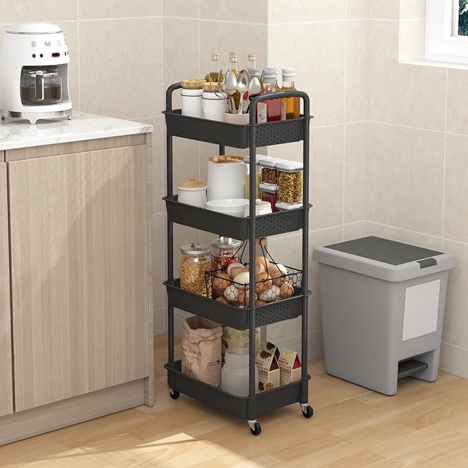 MOYIPIN 4-Tier Plastic Rolling Utility Cart with Handle,Utility Storage Cart for Office, Living Room, Kitchen,Movable Storage Organizer Shelves,Black
