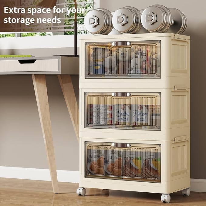 3 Tier - 48QT Storage Bins with Lids, Collapsible Storage Bins with Doors and Wheels, Plastic Storage Cabinet for Easy Storage and Organization for Living Room, Office