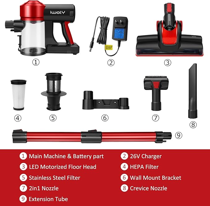 iwoly C150 Cordless Vacuum Cleaner Rechargeable with 2200mAh Detachable Battery, 18000Pa Cyclone Vacuum with HEPA Filter, Lightweight Portable Handheld Stick Vacuum for Hard Floor Car Cleaning