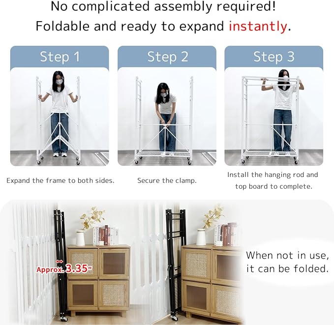 lumizone Folding Clothing Rack with Wheels Expandable Wardrobe Portable Clothes Rack for Hanging Clothes Adjustable Closet Shelves Garment Rack Durable Closet Racks for Hanging Clothes(White)