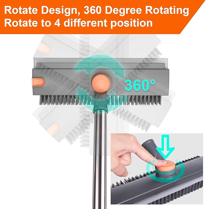 Floor Scrub Brush with Long Handle, BITOPE 3 in 1 Stiff Bristles Deck Brush 360° Rotating Floor Scrubber with Squeegee, Tweezer for Clean Patio, Deck, Tile, Concrete, Balcony Outdoor