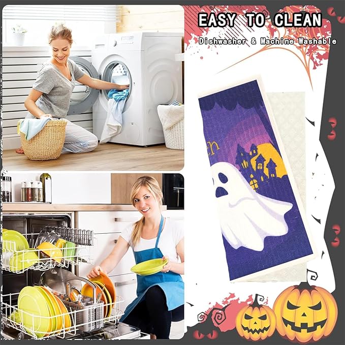 6 Pack Swedish Dishcloths for Kitchen |Watercolor Dish Towels | Reusable Paper Towels Washable | Non-Scratch Cellulose Sponge Cloths | No Odor, Biodegradable, Swedish Cloths, Halloween