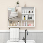 Wooden Bathroom Organizers, Over The Toilet Storage Cabinet with 2 Doors, Adjustable Shelves & Towel Bar, Wall Mounted Medicine Cabinet for Laundry with Mirror, White
