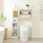 6Tier Over The Toilet Storage Cabinet, Freestanding Above Toilet Space Saver Rack w/Adjustable Shelves, Sliding Door, Multifunctional Over Toilet Organizer for Bathroom (White)