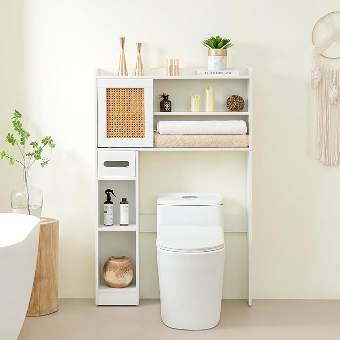 6Tier Over The Toilet Storage Cabinet, Freestanding Above Toilet Space Saver Rack w/Adjustable Shelves, Sliding Door, Multifunctional Over Toilet Organizer for Bathroom (White)
