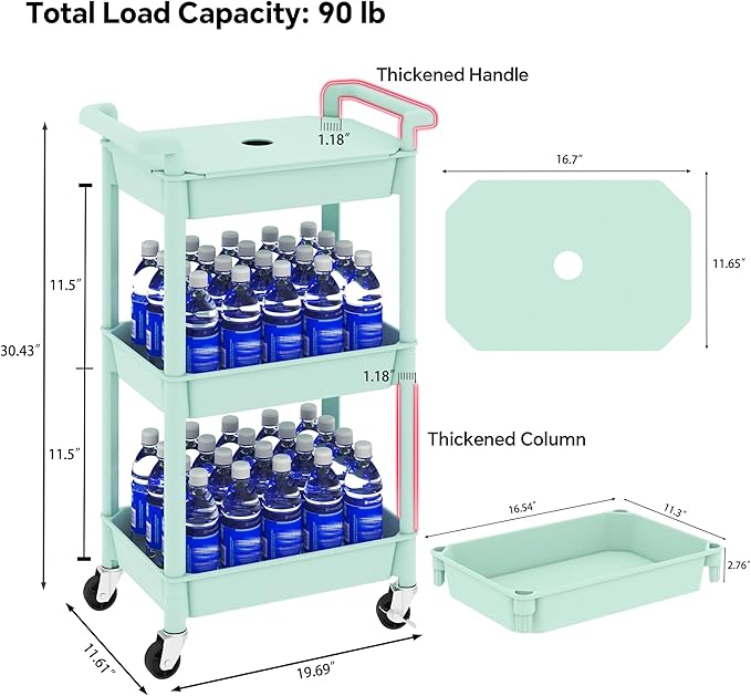 3-Tier Utility Rolling Cart with Cover Top Board, Mobile Utility Cart with Lockable Casters Multi-Functional Storage Trolley for Office, Bathroom, Kitchen, Garden, Laundry Room (Green)