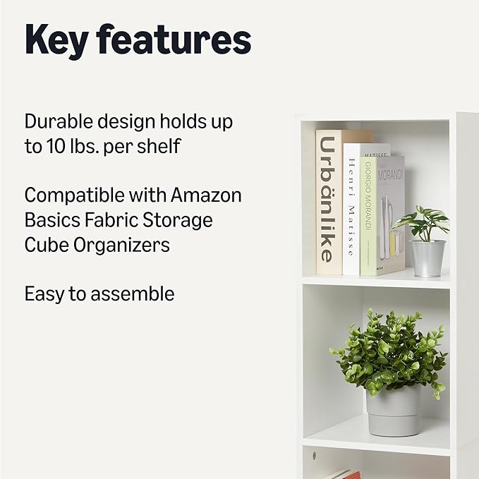 Amazon Basics 5-Cube Bookcase Compatible with Fabric Storage Cube Organizers, White