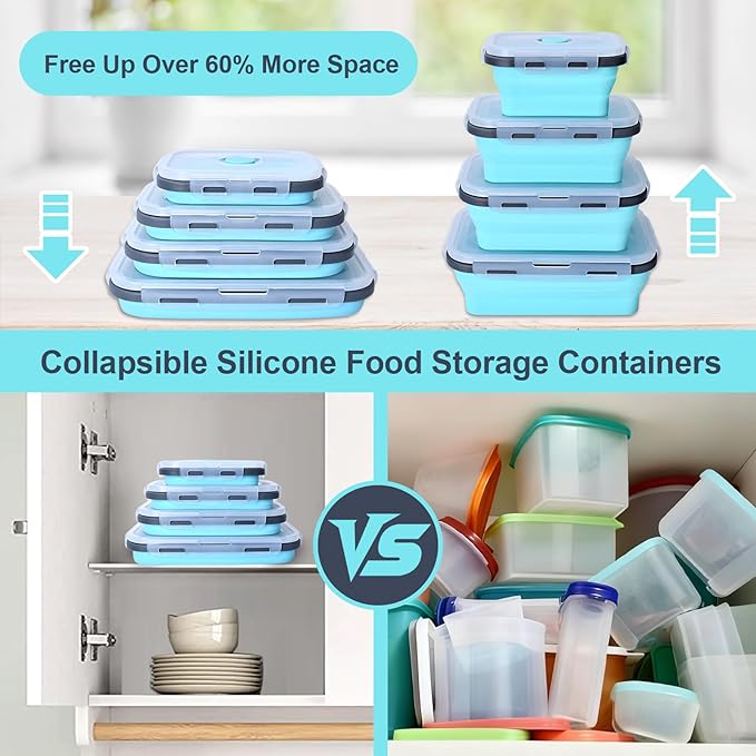Collapsible Silicone Food Storage Containers with Lids, Collapsible Food Storage Containers, Camping Dishes,4 Pack Foldable Lunch Box for Leftovers, Meals, Snacks, Sky Blue