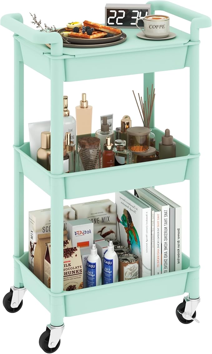 3-Tier Utility Rolling Cart with Cover Top Board, Mobile Utility Cart with Lockable Casters Multi-Functional Storage Trolley for Office, Bathroom, Kitchen, Garden, Laundry Room (Green)