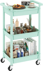 3-Tier Utility Rolling Cart with Cover Top Board, Mobile Utility Cart with Lockable Casters Multi-Functional Storage Trolley for Office, Bathroom, Kitchen, Garden, Laundry Room (Green)