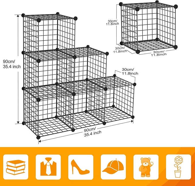 HUBSON Wire Cube Storage Organizer, Book/Toy/Craft/Potted Plants and petCloset Organizers and Storage Shelves, 6-Cube Freely Combinable Metal Grids Storage Shelf,Black Iron
