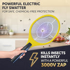 Bug Zapper 18" Electric Fly & Mosquito Swatter Racket - Outdoor/Indoor Killer for Flies, Battery-Operated Tennis Killing Zap, 3000 Volts Electronic Catcher, 2 AA Batteries Included - Yellow