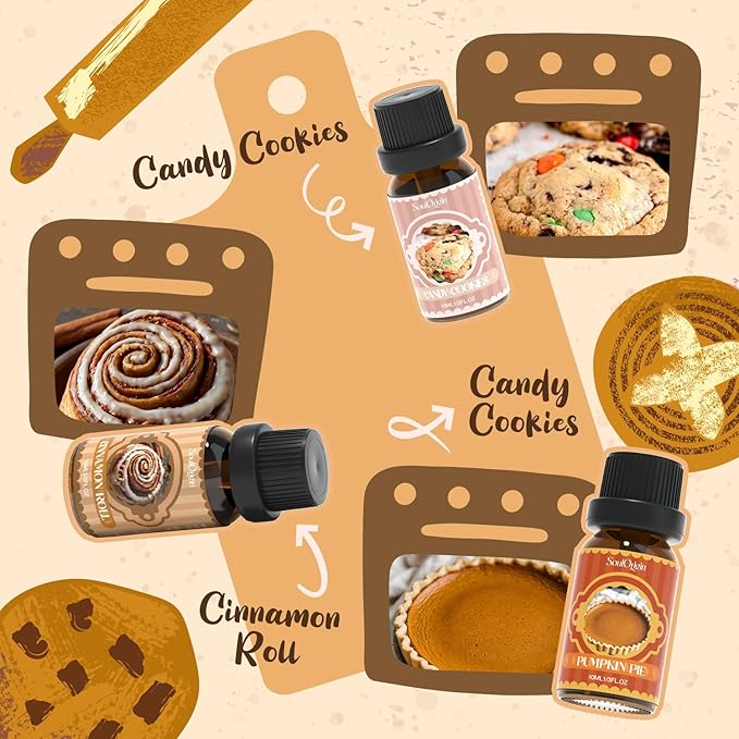 Bakery Essential Oils Set, Fragrance Oil Set for Diffuser, Scent Diffuser Oil for Candle Making- Chocolate Cookies, Creamy Vanilla, Coffee Cake, Pumpkin Pie, Candy Cookies, Cinnamon Rolls