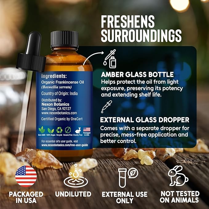Organic Frankincense Essential Oil 30 ml - Pure, Natural Oils for Aromatherapy, Diffusers, DIY, Candle and Soap Making Scent - Nexon Botanics