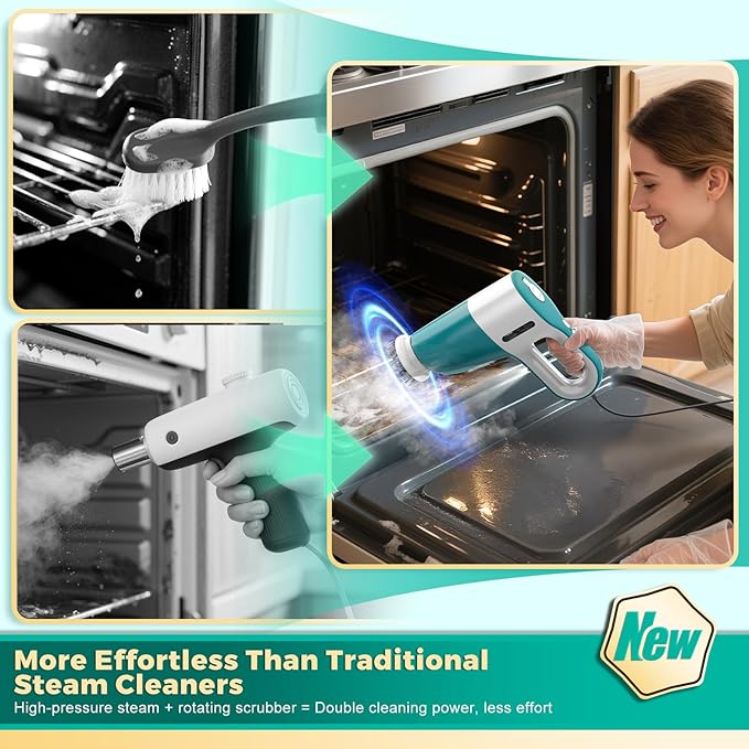 Steam Cleaner & Electric Spin Scrubber Combo, Effortless Design Steamer with 11 Accessories, 2 Modes & Detachable Long Handle, Multi-Surface Cleaning Tool for Floor, Tile, Grout, Bathroom & Car